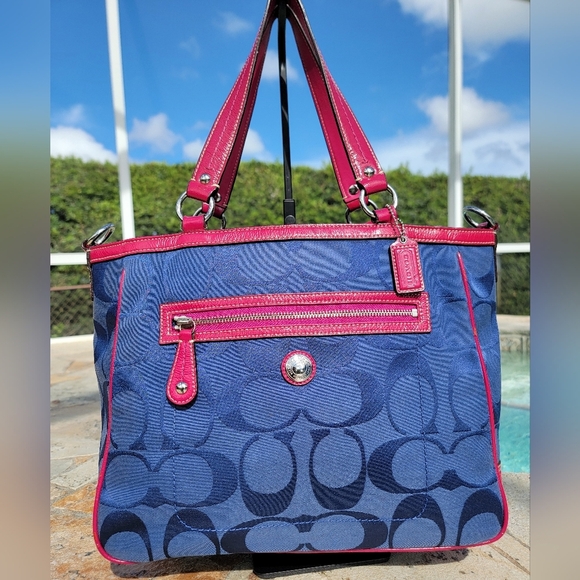 Coach Navy And Fuchia Laura Signature Monogram Jacquard Tote - Picture 3 of 16
